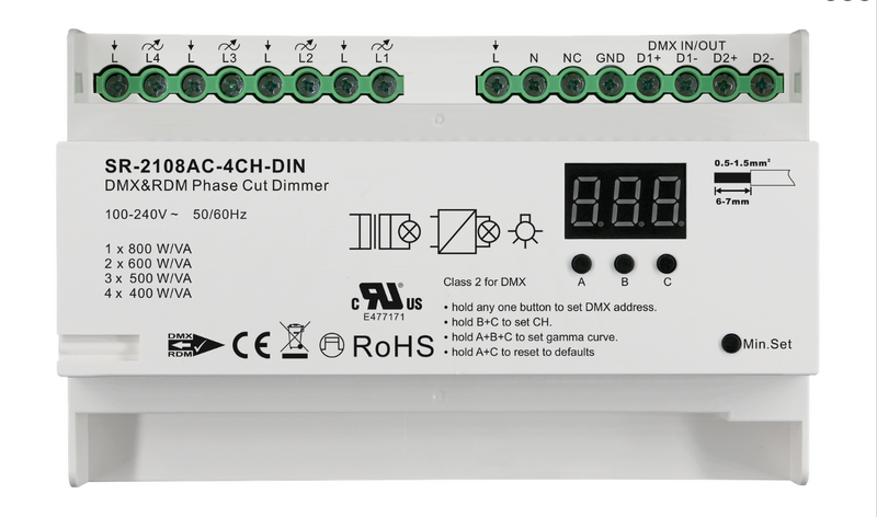 4 Channel Phase Dimmer; 1.2A ch; TE & LE; DMX RDM; DinRail