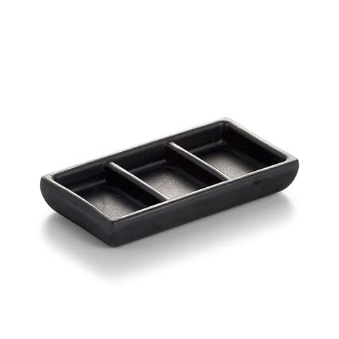 4'' Melamine Rectangular Sauce Dish with 3 Comp 10.5x5.5x1.8cm Matt Black