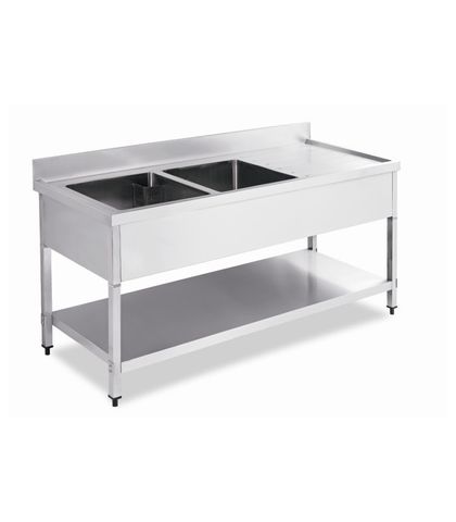 Stainless Steel Work Table Bench with Double Sinks and Splashback 1800x700x(900+100)mm