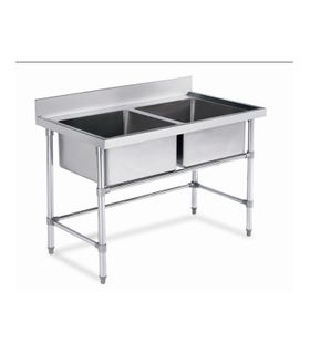 Stainless Steel Work Table Double Sinks with Splashback 1200x700x(900+100)mm