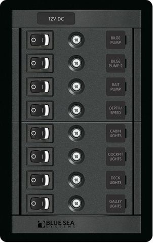 Blue Sea 360 Panel with Rocker Switch and Push Button Circuit Breakers