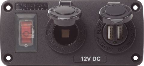 Blue Sea Below Deck Panel USB & 12V Socket With Circuit Breaker