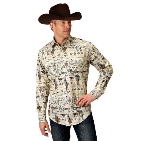 Men's Vintage Print L/S Western Shirt - 01482614