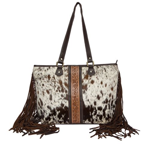 Women's Tooled Cowhide Bag with Fringe - AB73BRN