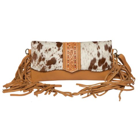 Women's Tooled Cowhide Bag with Fringe - AB74TAN