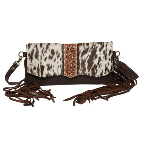 Women's Tooled Cowhide Bag with Fringe - AB74BRN