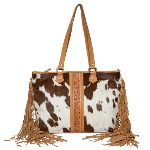 Women's Tooled Cowhide Bag with Fringe - AB73TAN