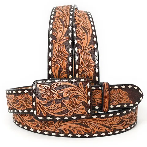 Women's Buck Stitched Tooled Belt - ADBLF238