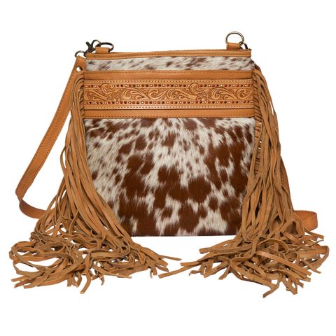 Women's Tooled Cowhide Bag with Fringe - AB72TAN