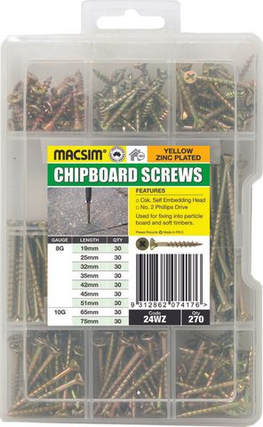 ASST SIZES SEH CHIPBOARD SCREW ZP PACK 270