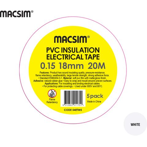 0.15 x 18mm x 20m PVC ELEC TAPE WHITE 5PK