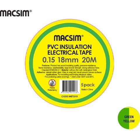0.15 x 18mm x 20m PVC ELEC TAPE GREEN/YELLOW 5PK
