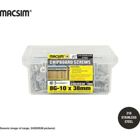 10G X 65MM SQ DR SEH CHIPBOARD SCREW SS316 TUB 300