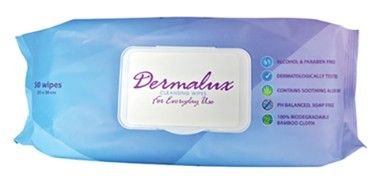 DERMALUX CLEANSING WIPES 23X30CM PKT 50 (12)