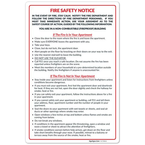 NON-Combustible Apartment Fire Safety Notice Sign (Vinyl) (5.5 "x  8.5")