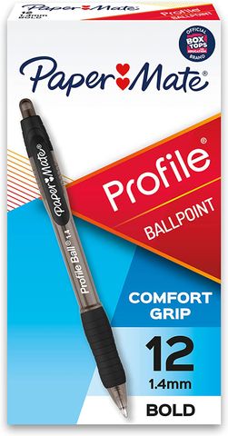 Profile Ballpoint Pen, Retractable, Bold 1.4 mm, Black Ink, Black Barrel (12 Pack)