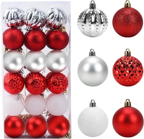 Christmas Ball Ornaments Shatterproof Plastic,6 Styles (36 Pieces) Red/White/Silver (2.36") (60mm)