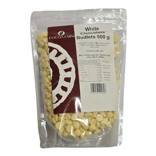 CHOCOLATE COUVERTURE WHITE BUDLETS 500g COCOA FARM