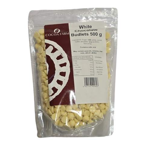 CHOCOLATE COUVERTURE WHITE BUDLETS 500g COCOA FARM