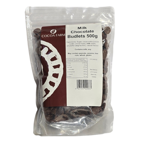 CHOCOLATE COUVERTURE MILK 32% BUDLETS 500g BAG COCOA FARM