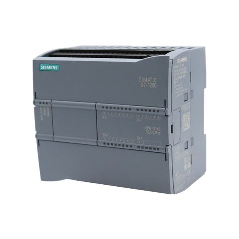 SIMATIC S7-1200, CPU 1214C, compact CPU, DC/DC/relay, onboard I/O: 14 DI 24 V DC; 10 DO relay 2 A; 2 AI 0-10 V DC, Power supply: DC 20.4-28.8V DC, Program/data memory 100 KB