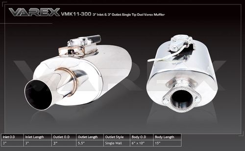 3in, 10in x 6in Oval Centre/Centre, 15in (380mm) Long, Variable Noise - Varex Muffler - Stainless