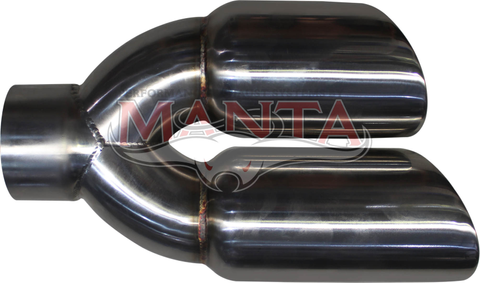 2 1/2in Inlet, Twin 3 1/4in Round Outlet, 10 1/2in Long, LHS Double Angle Cut, Polished Inner Cone