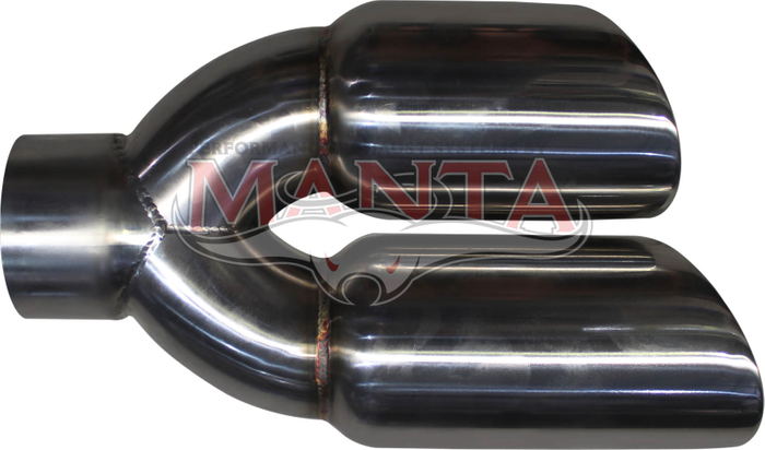 2 1/2in Inlet, Twin 3 1/4in Round Outlet, 10 1/2in Long, LHS Double Angle Cut, Polished Inner Cone