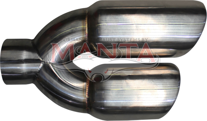 2 1/2in Inlet, Twin 3 1/4in Round Outlet, 10 1/2in Long, RHS Double Angle Cut, Polished Inner Cone