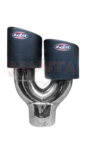 3in Inlet, Twin 4in Carbon Fibre Round Outlet,RHS Double Angle Cut, With Perf Inner Cone DPE Stamped