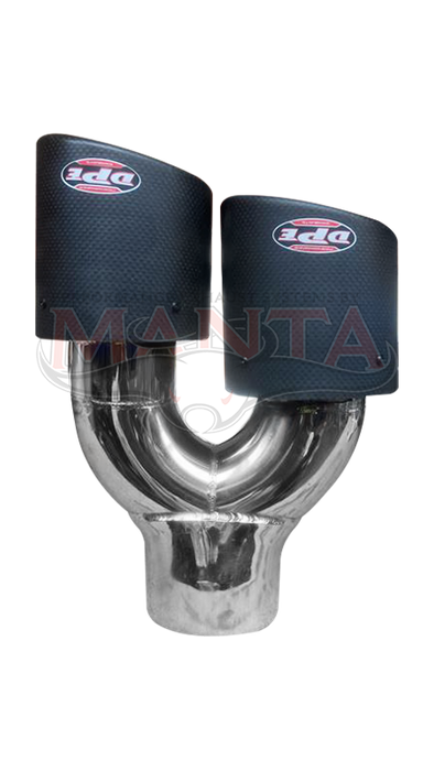 3in Inlet, Twin 4in Carbon Fibre Round Outlet,RHS Double Angle Cut, With Perf Inner Cone DPE Stamped