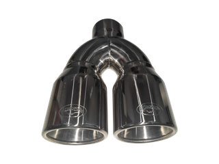 3in Inlet, Twin 4in Round Outlets, Straight Cut, Rolled Edge With Polished Inner Cone, Silverado