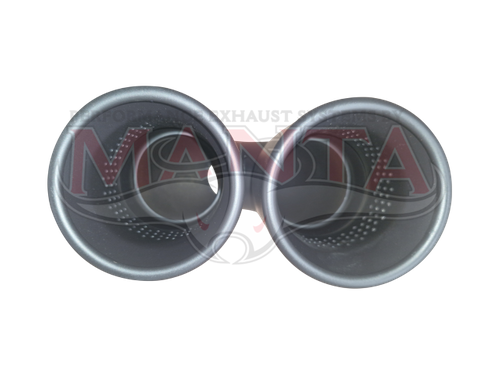 Black Coated, 3in Inlet, Twin 4in Round Outlets, Straight Cut, Rolled Edge With Polished Inner Cone