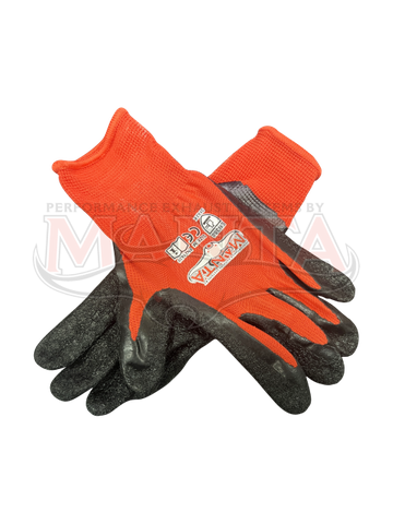 13G red polyester with black crinkle latex palm coated gloves. Medium