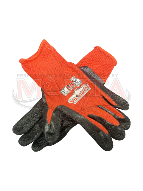 13G red polyester with black crinkle latex palm coated gloves. Medium