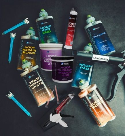 A selection of Mustad Australia's hoof glue products, including adhesive bottles and applicator tips