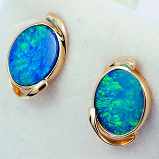 14K Yellow Gold Doublet Opal Earrings