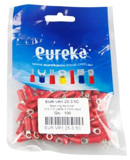 Ring Terminal Red 0.5-1.5mm 3.7mm Stud 19A 100 PKT