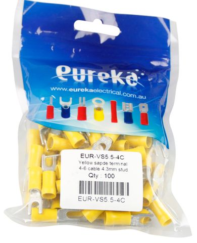 Spade Ter Yellow 2.5-6.0mm  4mm Stud 48A 100 PKT