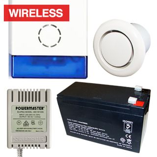 NETDIGITAL, Alarm accessory bundle, includes WP70A Battery Powered Wireless Siren & Strobe, 7AH Battery, 18V AC 1.33A plug pack, Flush mount screamer