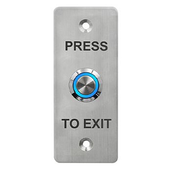 NETDIGITAL, Switch plate, Wall, Architrave, Stainless steel, Labelled "Press to Exit", With stainless steel Blue illuminated push button, Plate 35mm x 90mm, N/O and N/C contacts