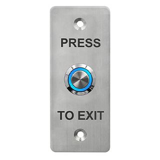 NETDIGITAL, Switch plate, Wall, Architrave, Stainless steel, Labelled "Press to Exit", With stainless steel Blue illuminated push button, Plate 35mm x 90mm, N/O and N/C contacts