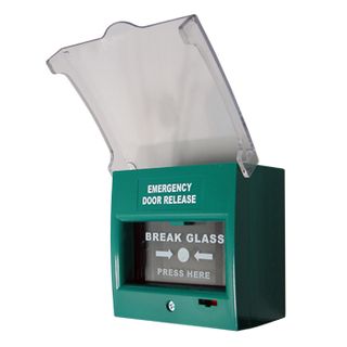 NETDIGITAL, Break glass unit, GREEN, Unit reads "Emergency Door Release", Glass reads "Emergency Break Glass Press Here", 2 pole, Double change over contact, Protective cover