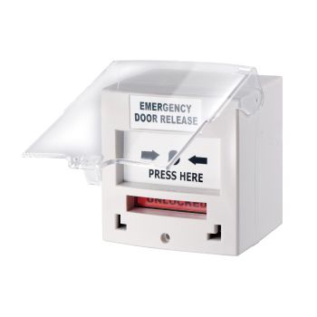 NETDIGITAL, Call point, White, Unit reads "Emergency Door Release", Call point reads "Press Here", Key resettable, 2 pole, Protective cover
