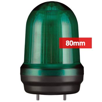 QLIGHT, MFL Series LED signal light, 80mm, GREEN colour, Four modes (Steady/Flashing/Strobing/Simulated Revolving), IP65, Built-in 80dB Max sounder, 3 bolt mounting, Optional mounts,