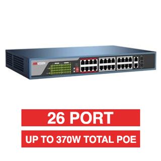 HIKVISION, 26 Port Ethernet POE network switch, Non-managed, 24x 10/100Mbps PoE ports + 2x Gigabit RJ45 & 2x SFP Uplink ports (Shared), Max port output 30W power, Total POE power up to 370W