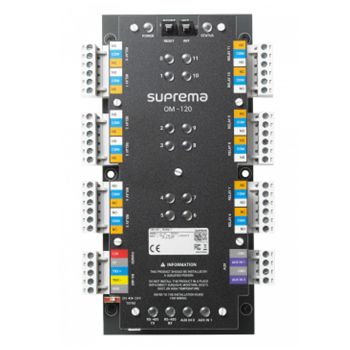 SUPREMA, Multiple output extension module, 12x relay outputs, APB zones, Elevator groups for Fire alarm zone, RS-485 Encrypted communications, 2CH Dry contact inputs, 12V DC, 1A max
