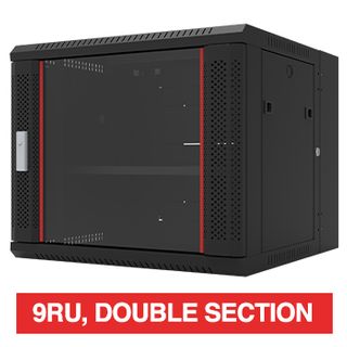 PSS, 9RU 19" Rack Cabinet, Wall mount, Double section, 600(W) x 500(H) x 600(D)mm, With glass door and front vent,  Dark grey powder coated finish, 60kg load capacity
