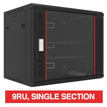 PSS, 9RU 19" Rack Cabinet, Wall mount, 600(W) x 500(H) x 450(D)mm, With glass door and front vent,  Dark grey powder coated finish, 60kg load capacity