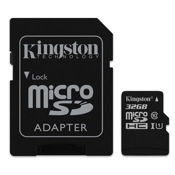 KINGSTON, 32GB MicroSD SDHC/SDXC, Class 10, Read 10MB/s, with standard SD adaptor.